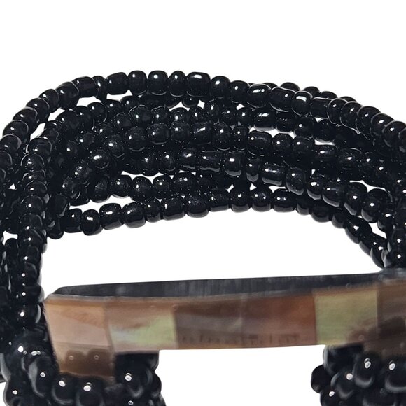 Elegant Black Beaded Bracelet Rectangular Mother Of Pearl Accent Stretchable - Picture 3 of 5